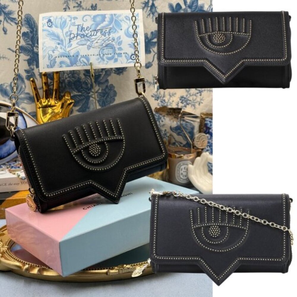 🆕 CHIARA FERRAGNI 🧿 NIB Studded Eyelike Motif Wallet on Chain Link - Black